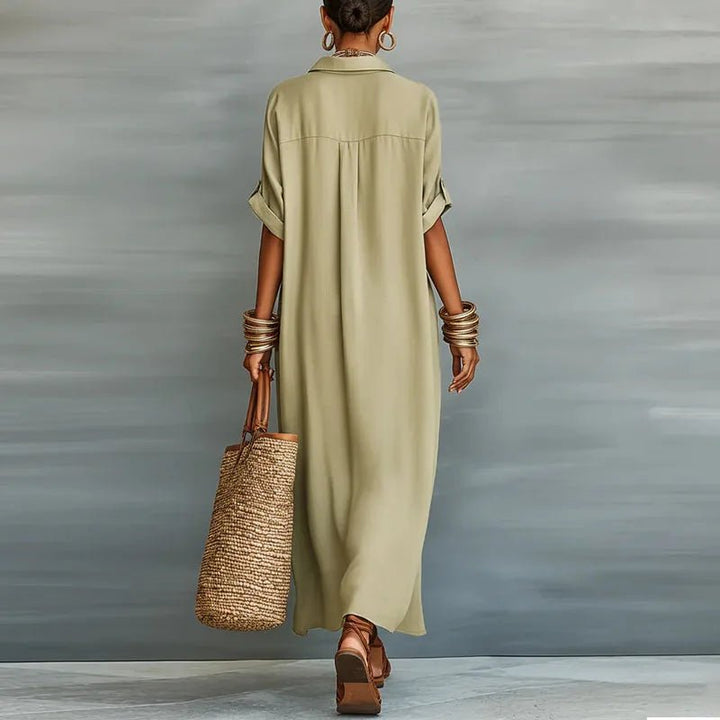 Luna | Linen Maxi Shirt Dress Button Down Short Sleeve Relaxed