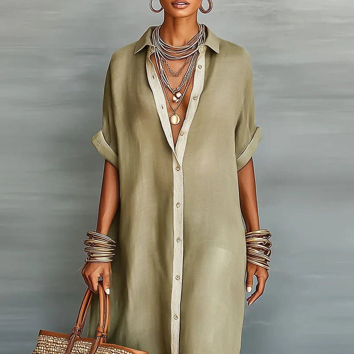 Luna | Linen Maxi Shirt Dress Button Down Short Sleeve Relaxed