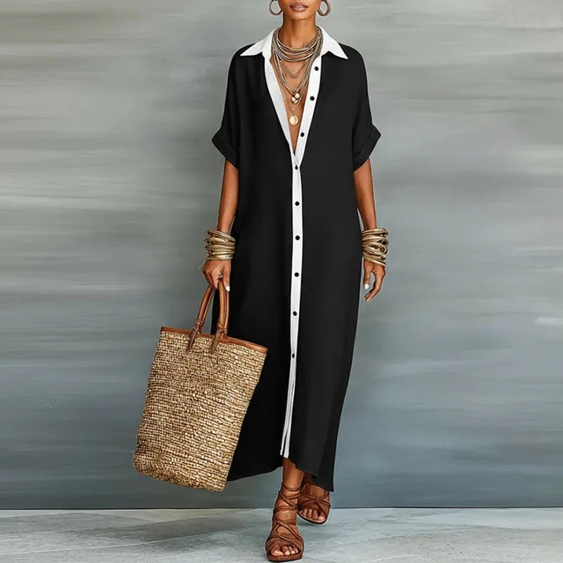Luna | Linen Maxi Shirt Dress Button Down Short Sleeve Relaxed