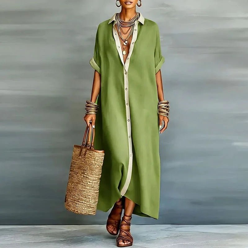 Luna | Linen Maxi Shirt Dress Button Down Short Sleeve Relaxed
