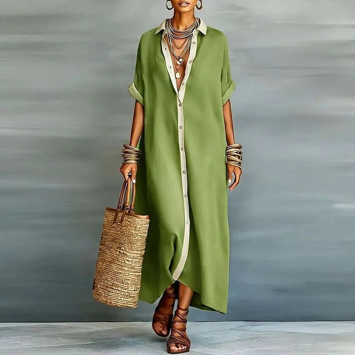 Luna | Linen Maxi Shirt Dress Button Down Short Sleeve Relaxed