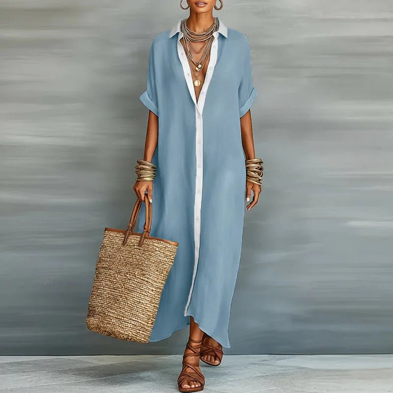 Luna | Linen Maxi Shirt Dress Button Down Short Sleeve Relaxed