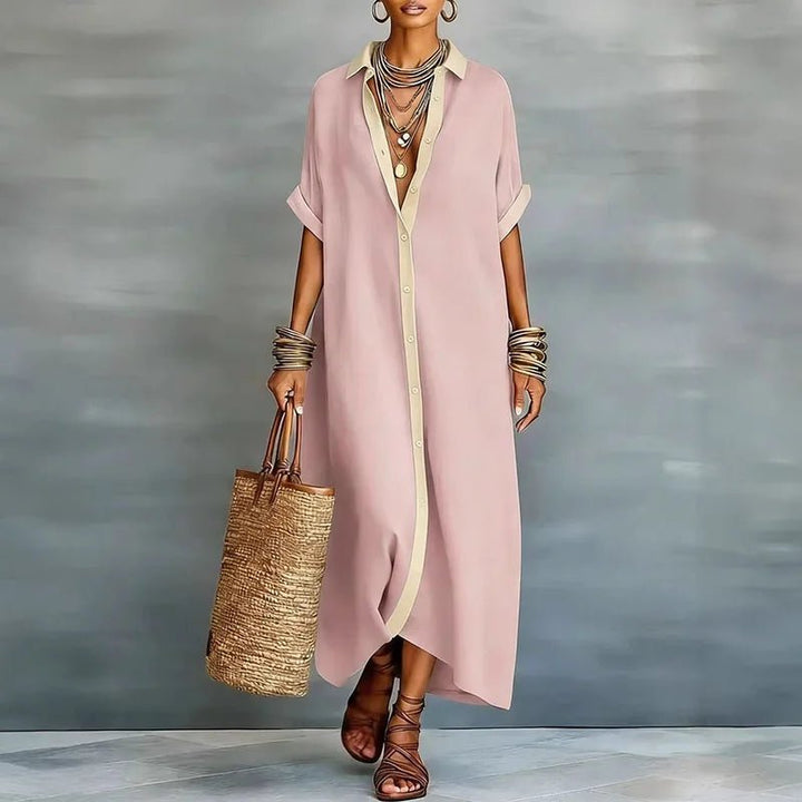Luna | Linen Maxi Shirt Dress Button Down Short Sleeve Relaxed