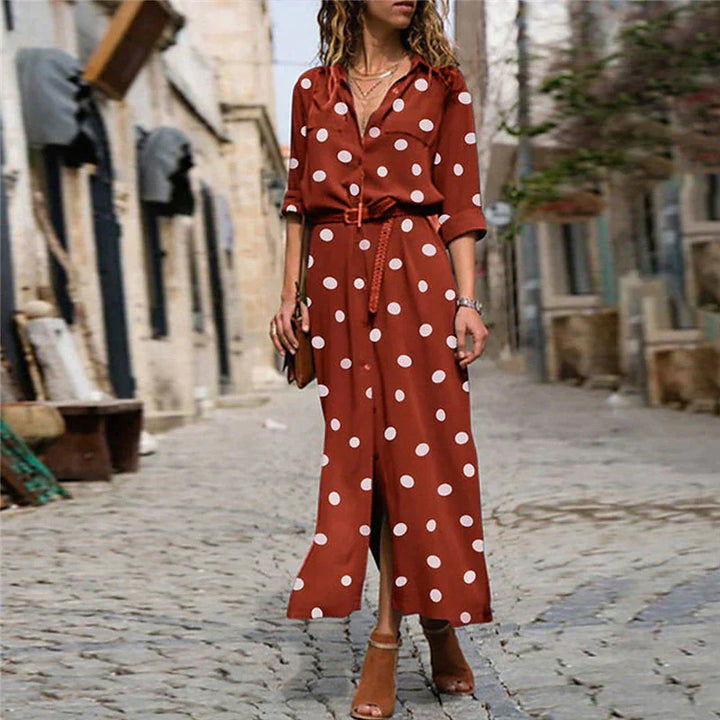 Women's Polka Dot Midi Dress with Button Front