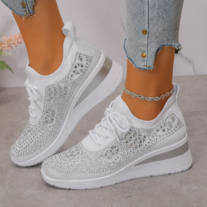 Mayrie - Women's Orthopedic Wedge Trainers with Sparkle Finish - White
