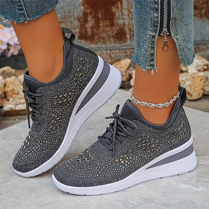 Mayrie - Women's Orthopedic Wedge Trainers with Sparkle Finish - Grey