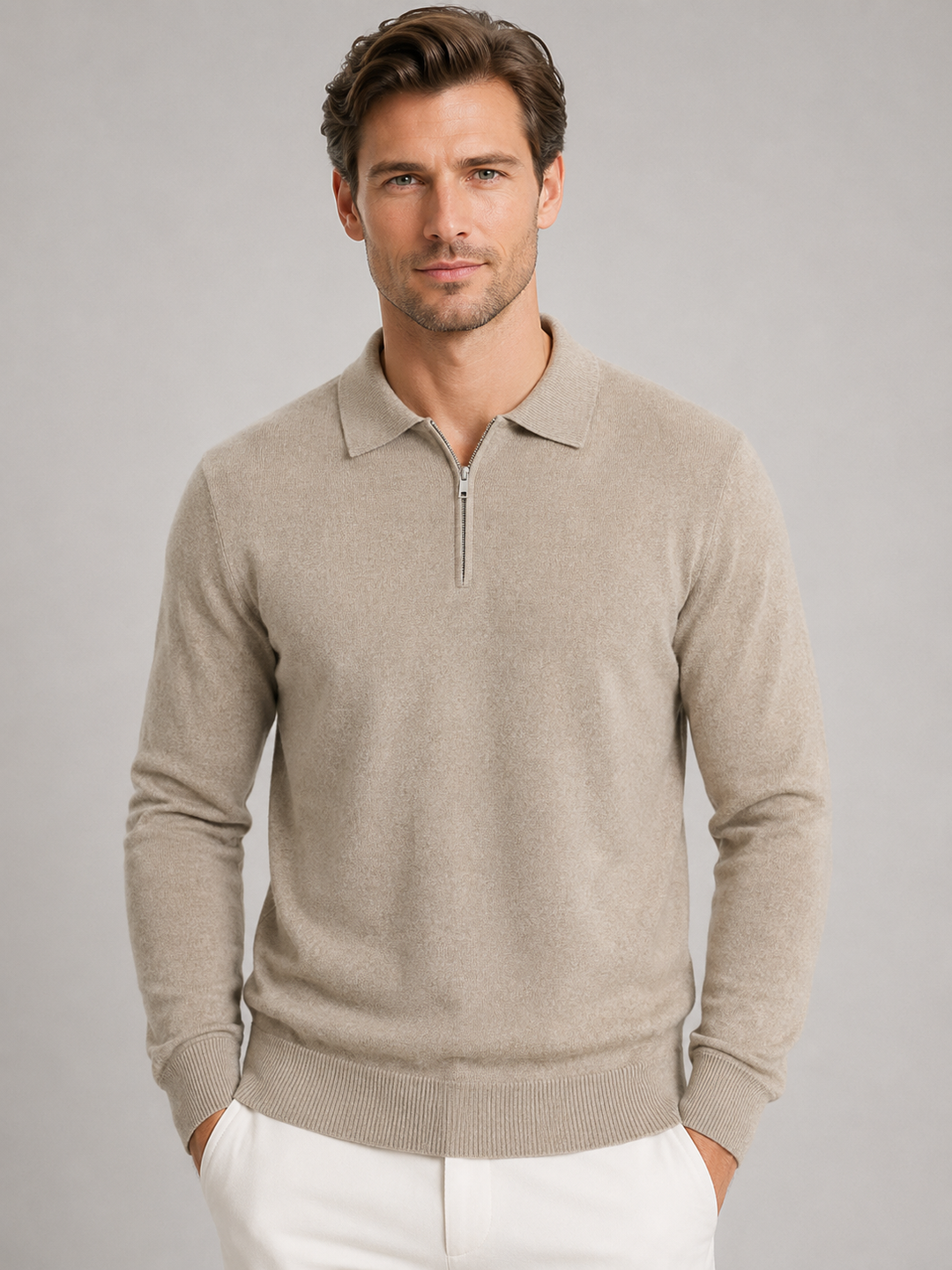 Men's Fine Knit Quarter Zip Polo Jumper - photo 1
