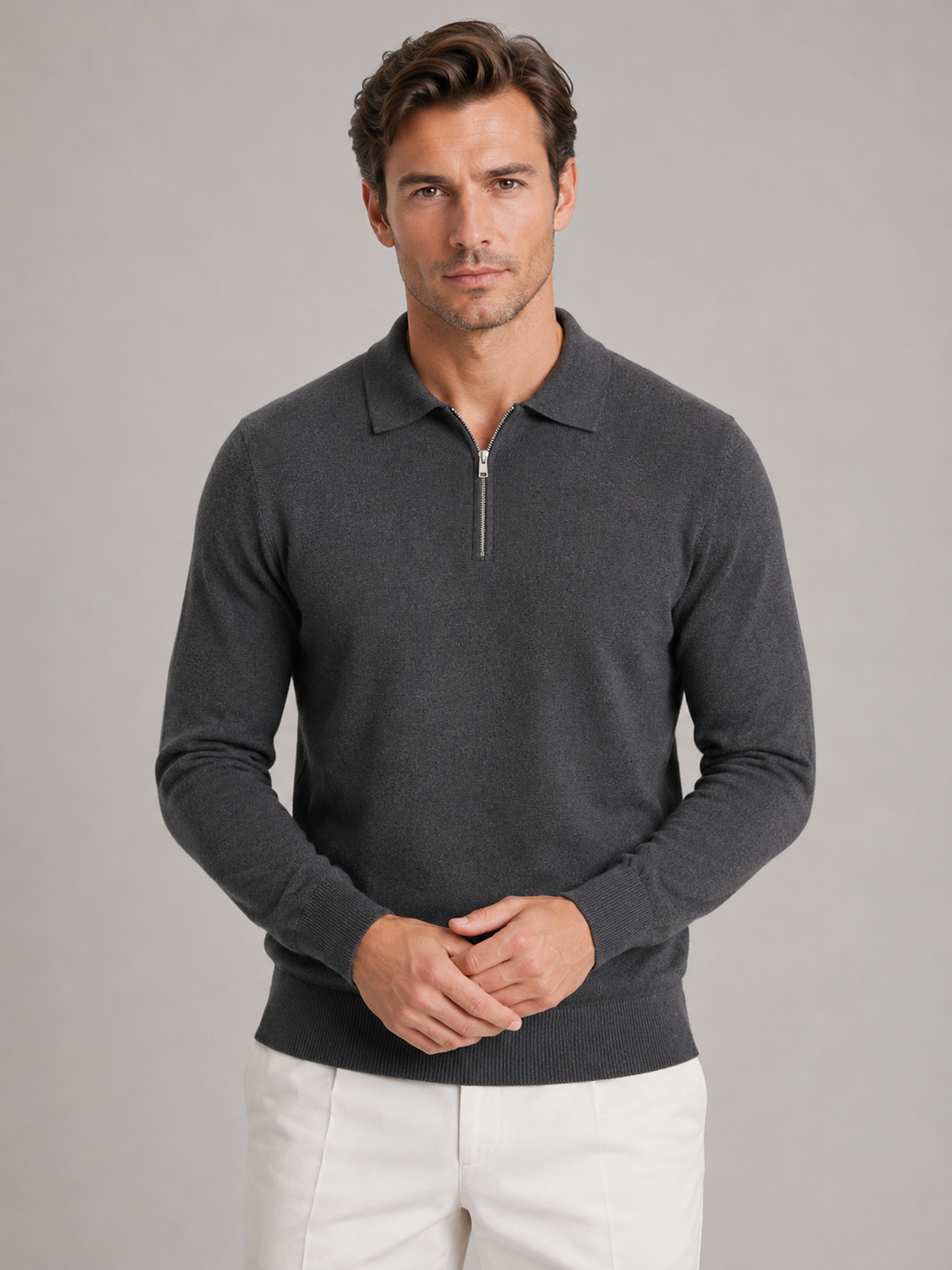 Men's Fine Knit Quarter Zip Polo Jumper - photo 5