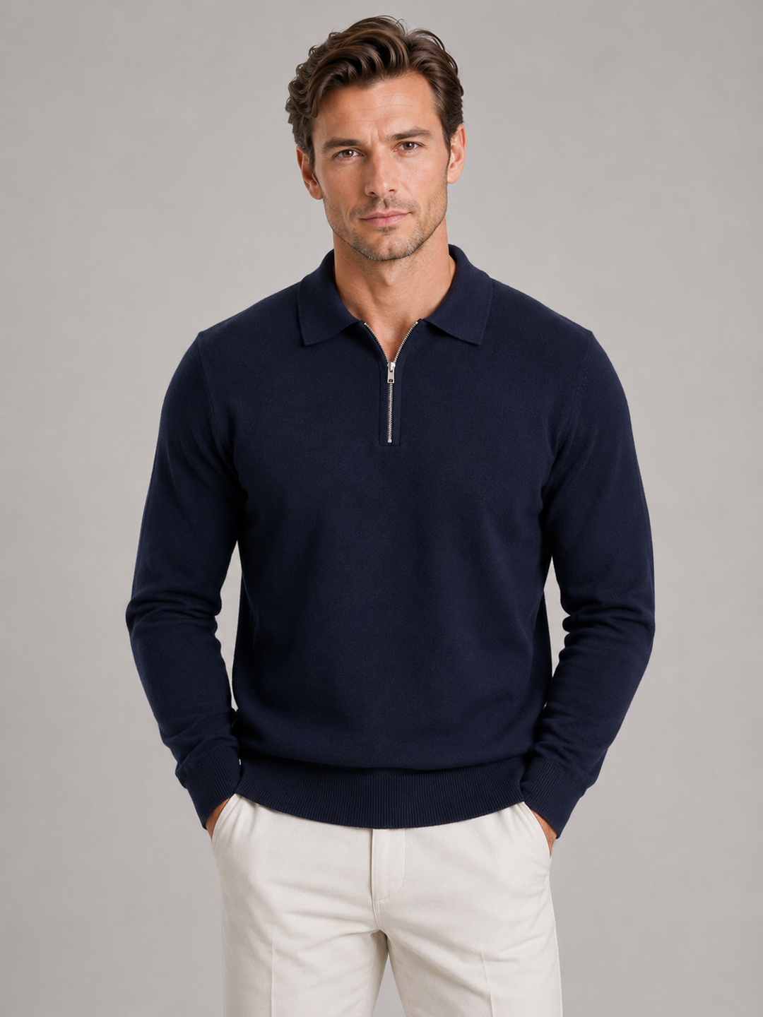 Men's Fine Knit Quarter Zip Polo Jumper - photo 6