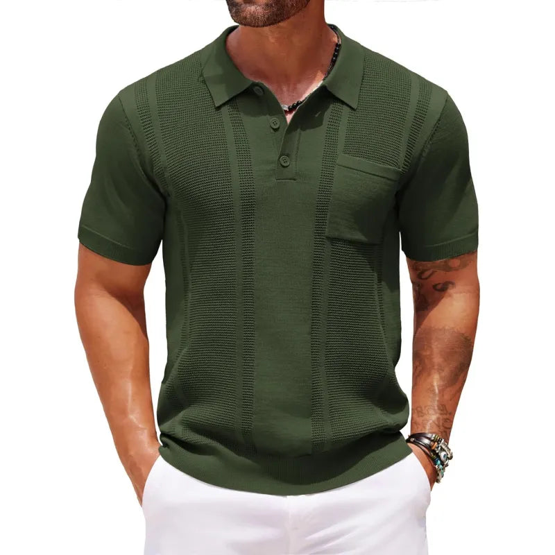 Men's Knitted Button-Front Polo Shirt with Side Pockets - photo 2