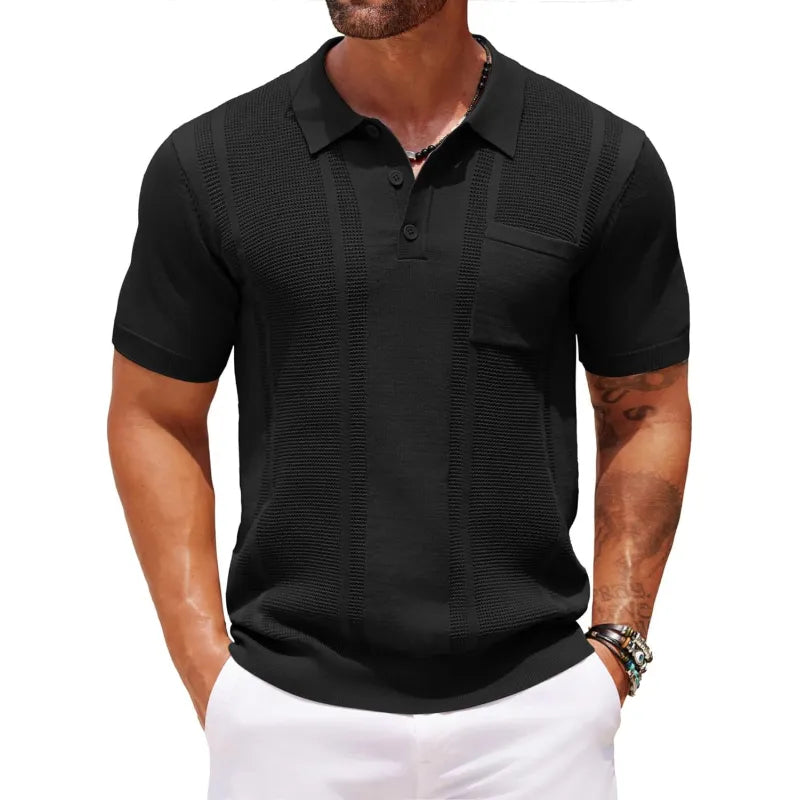 Men's Knitted Button-Front Polo Shirt with Side Pockets - photo 3