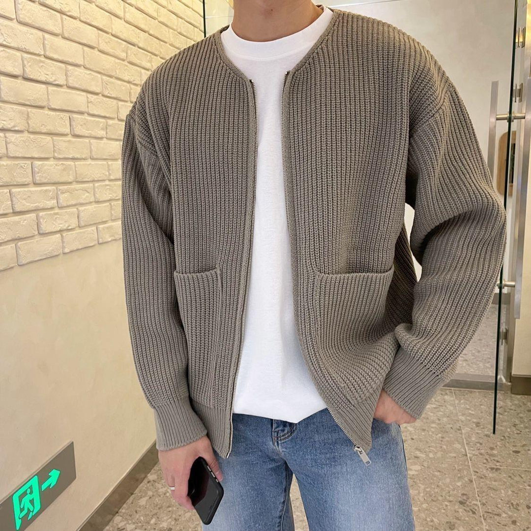 Men's Long Sleeve Crew Neck Zip-up Ribbed Knit Cardigan with Pockets - photo 1