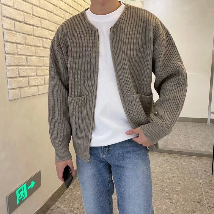 Men's Long Sleeve Crew Neck Zip-up Ribbed Knit Cardigan with Pockets - photo 2