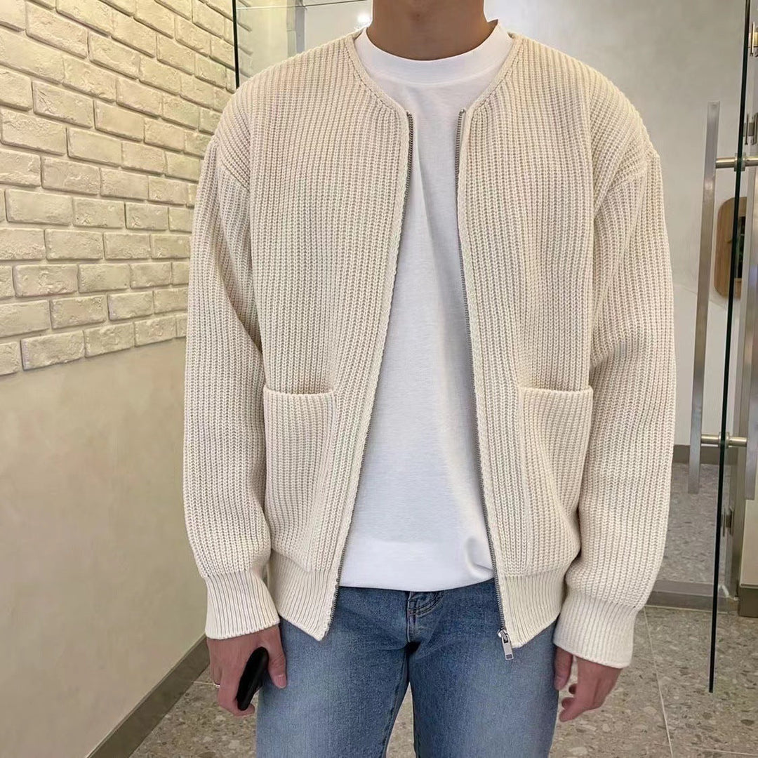Men's Long Sleeve Crew Neck Zip-up Ribbed Knit Cardigan with Pockets - photo 3