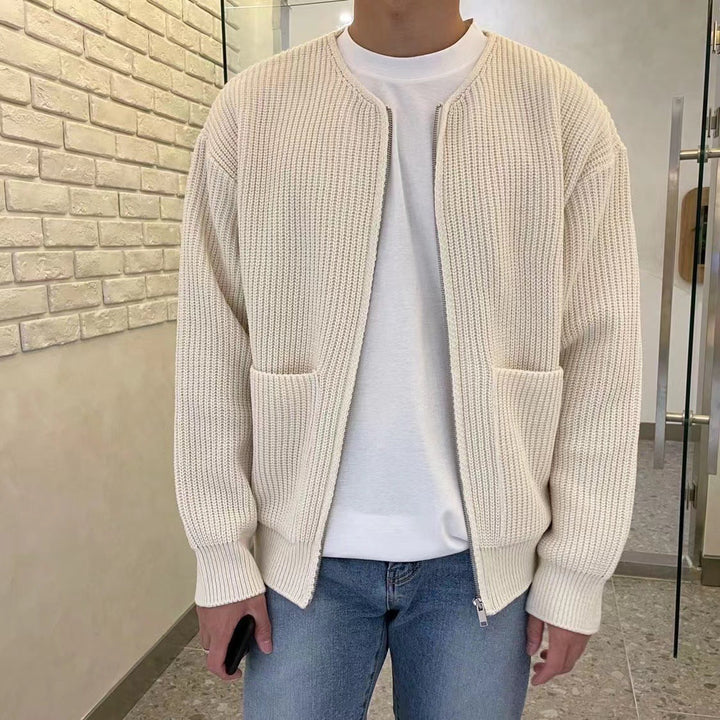 Men's Long Sleeve Crew Neck Zip-up Ribbed Knit Cardigan with Pockets - photo 3