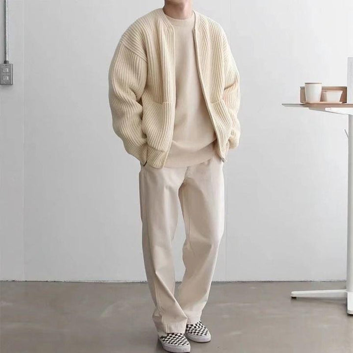 Men's Long Sleeve Crew Neck Zip-up Ribbed Knit Cardigan with Pockets - photo 4