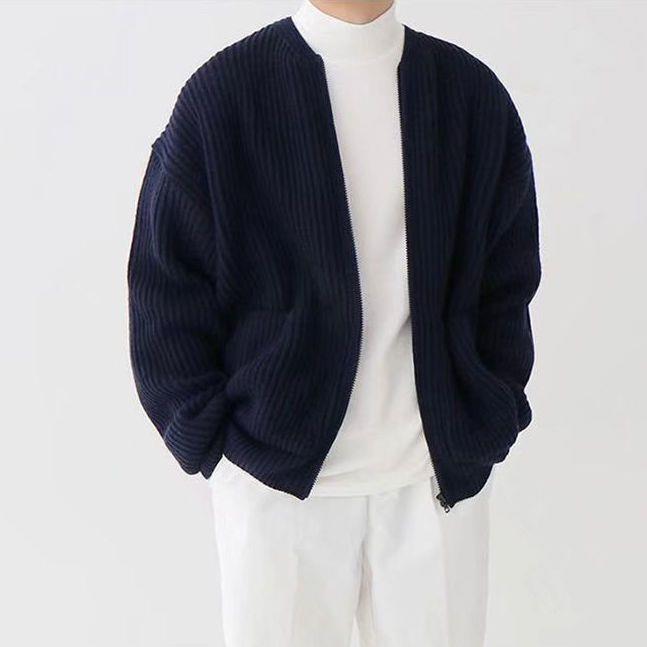 Men's Long Sleeve Crew Neck Zip-up Ribbed Knit Cardigan with Pockets - photo 5