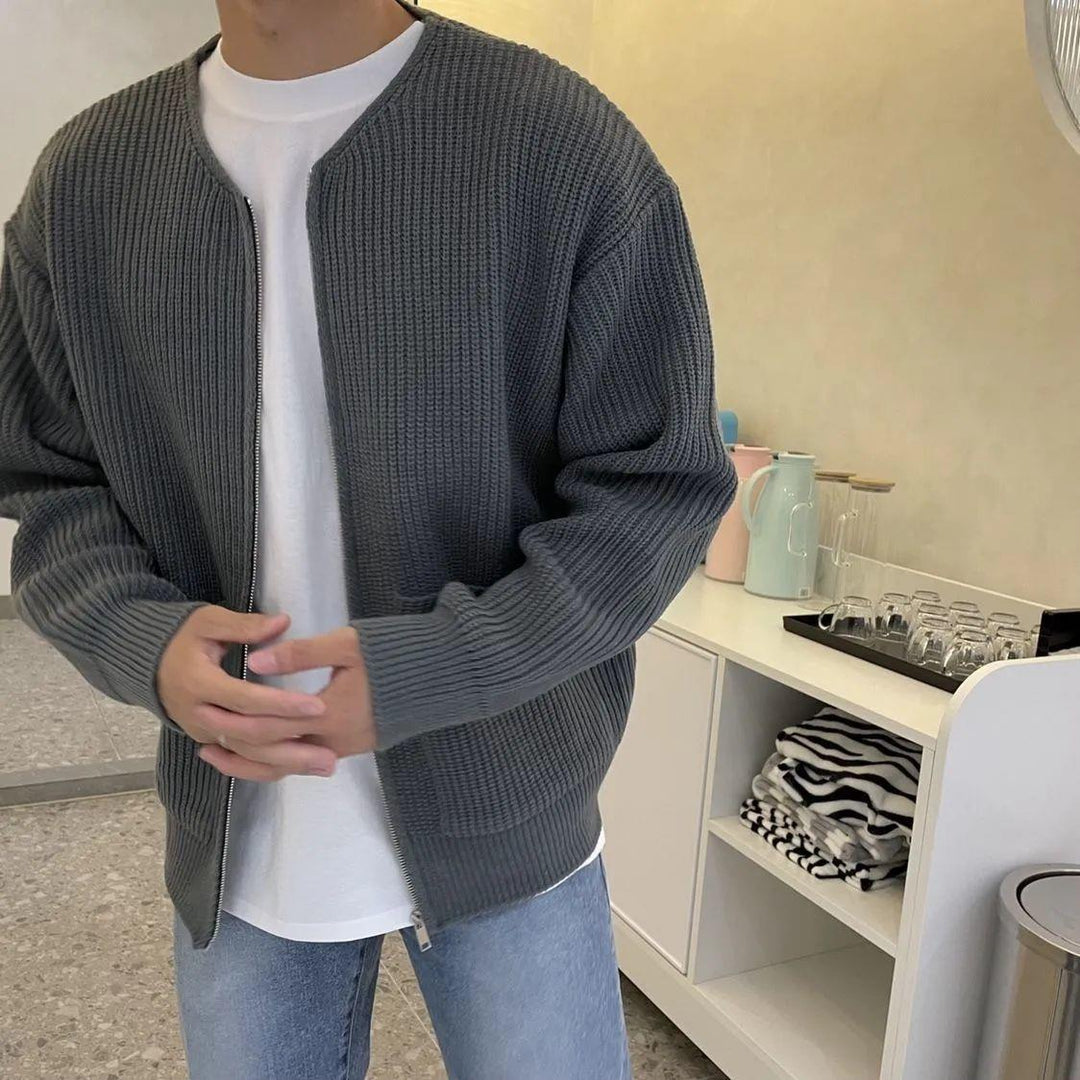 Men's Long Sleeve Crew Neck Zip-up Ribbed Knit Cardigan with Pockets - photo 6
