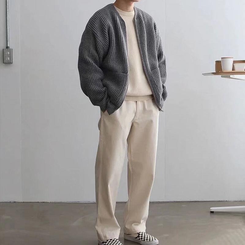 Men's Long Sleeve Crew Neck Zip-up Ribbed Knit Cardigan with Pockets - photo 7