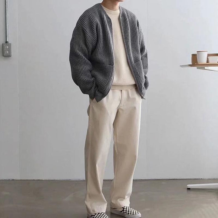 Men's Long Sleeve Crew Neck Zip-up Ribbed Knit Cardigan with Pockets - photo 7