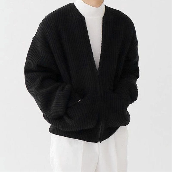 Men's Long Sleeve Crew Neck Zip-up Ribbed Knit Cardigan with Pockets - photo 8