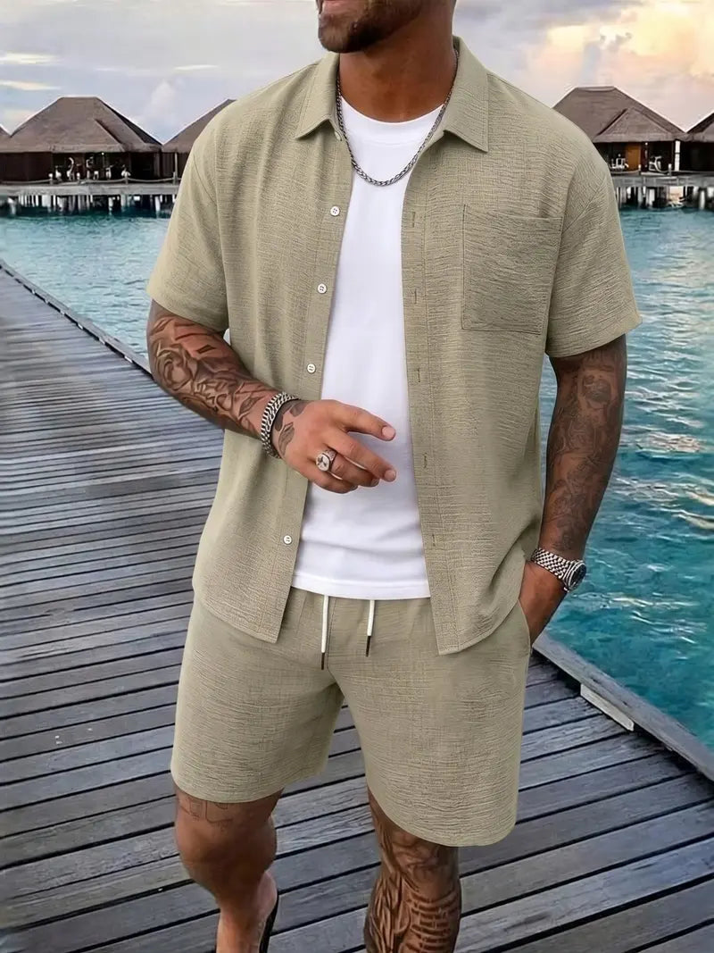 Men's Relaxed Button-Front Two-Piece Set with Short Sleeves - photo 1
