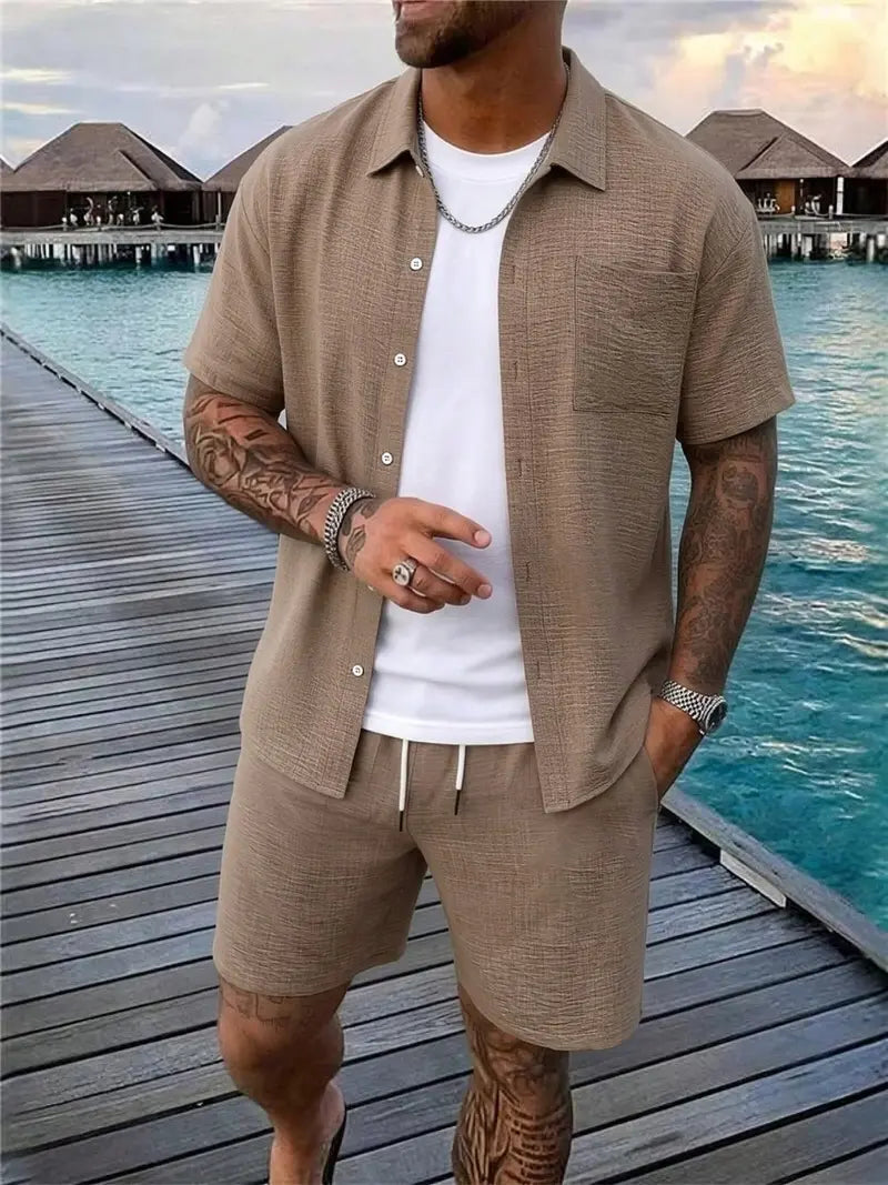 Men's Relaxed Button-Front Two-Piece Set with Short Sleeves - photo 2