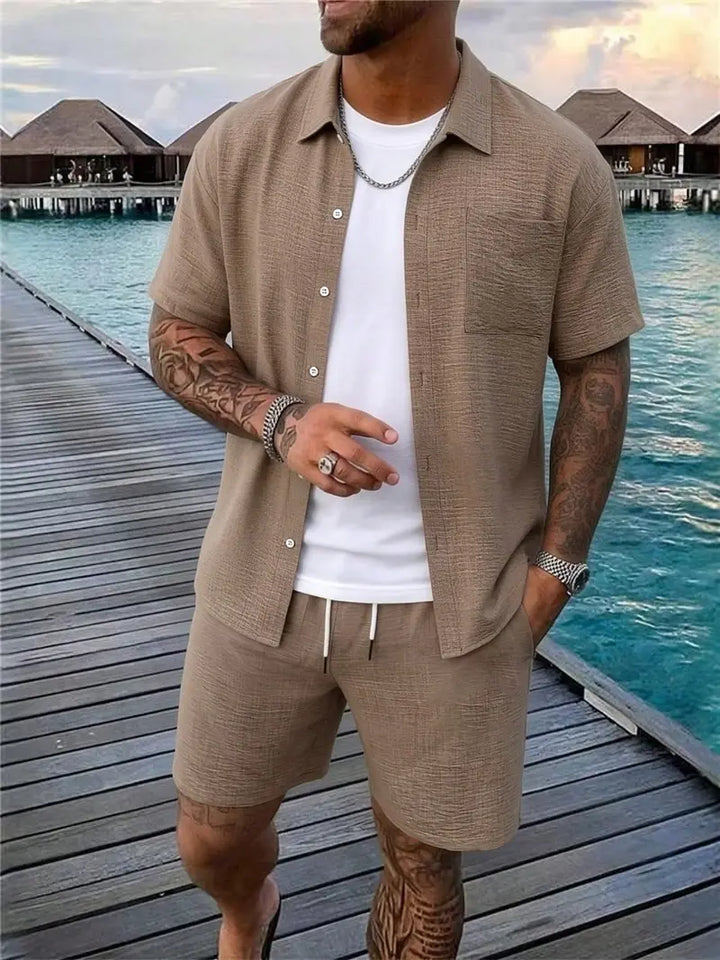 Men's Relaxed Button-Front Two-Piece Set with Short Sleeves - photo 2