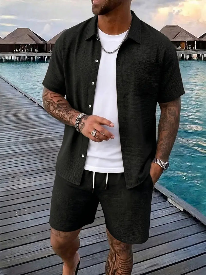 Men's Relaxed Button-Front Two-Piece Set with Short Sleeves - photo 3