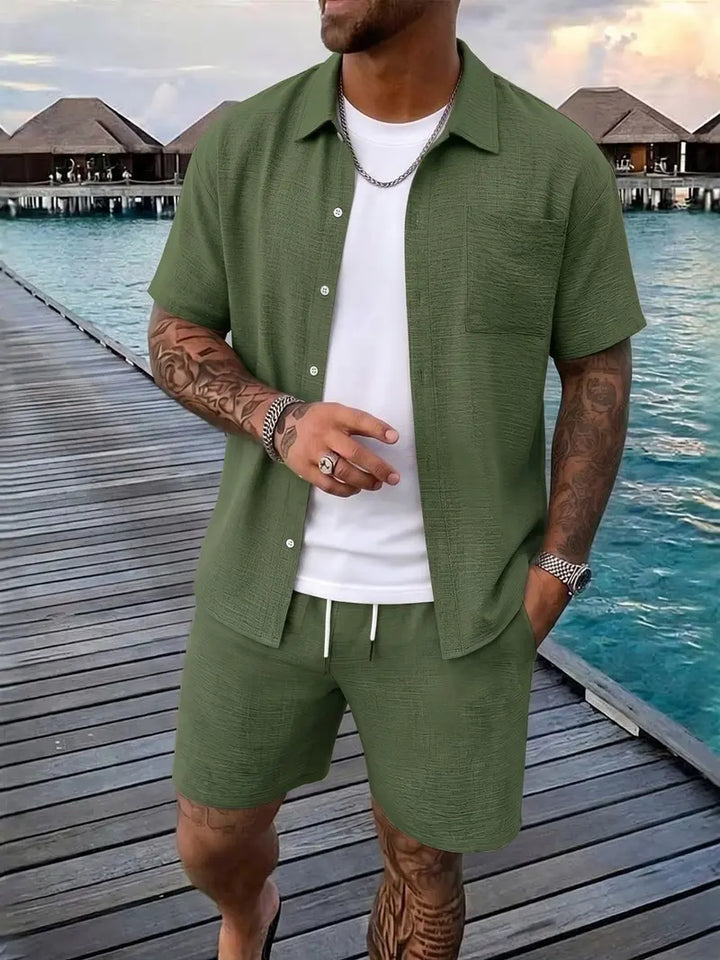 Men's Relaxed Button-Front Two-Piece Set with Short Sleeves - photo 6