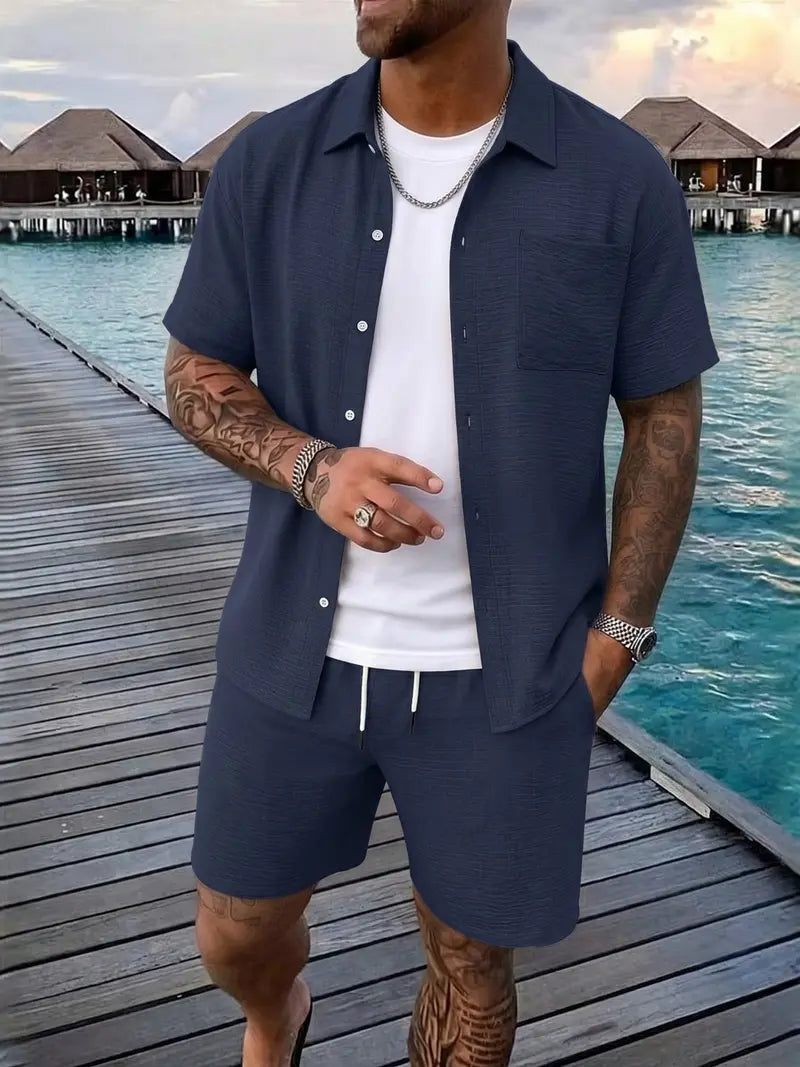 Men's Relaxed Button-Front Two-Piece Set with Short Sleeves - photo 7