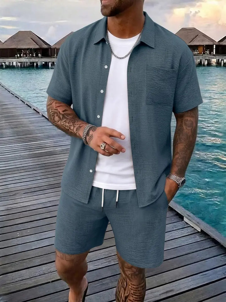 Men's Relaxed Button-Front Two-Piece Set with Short Sleeves - photo 9