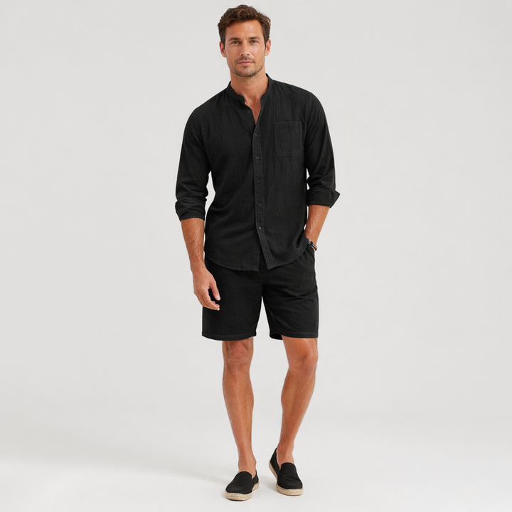 Men's Relaxed Button-Front Two-Piece Set with Side Pockets - photo 1