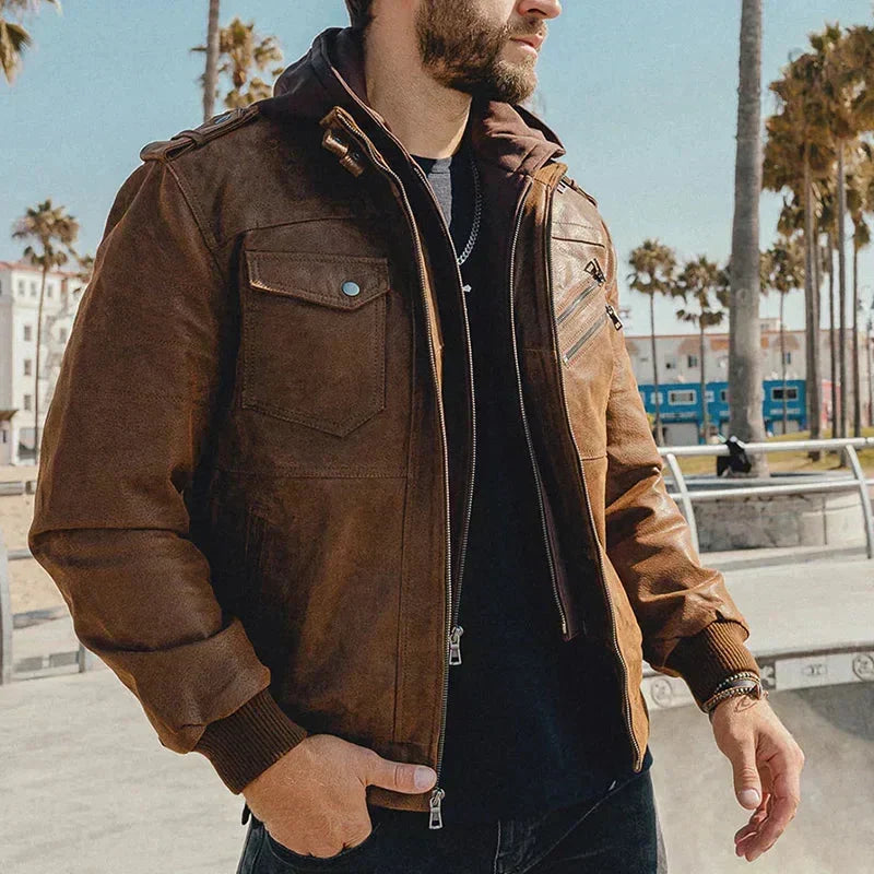 Men's Relaxed Zip-Front Biker Jacket with Side Pockets - photo 2