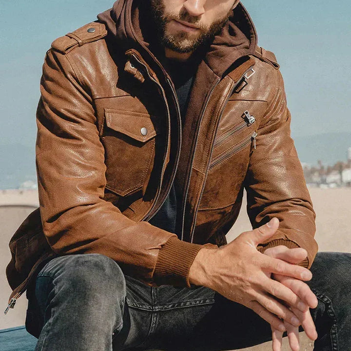 Men's Relaxed Zip-Front Biker Jacket with Side Pockets - photo 3