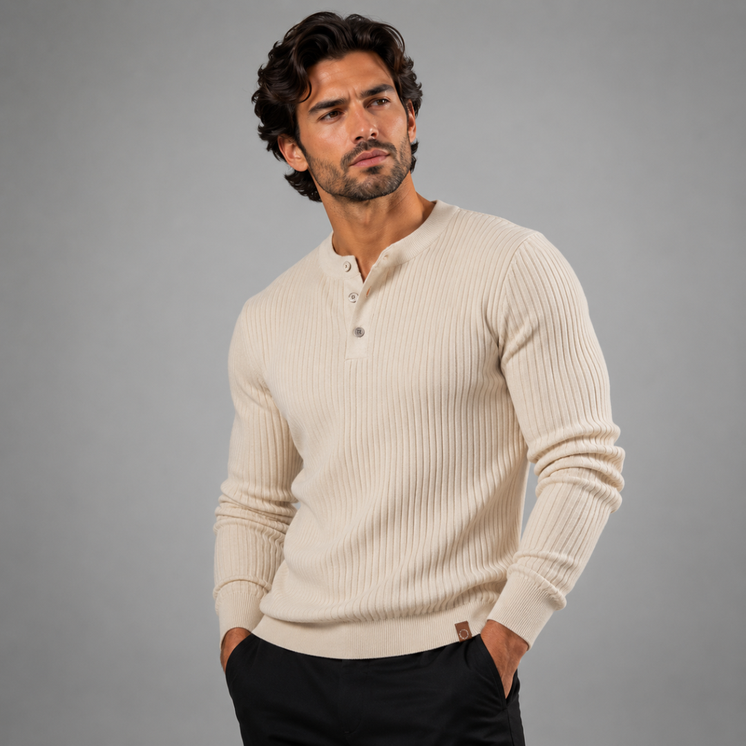 Men's Ribbed Henley Jumper with Button Placket - photo 4