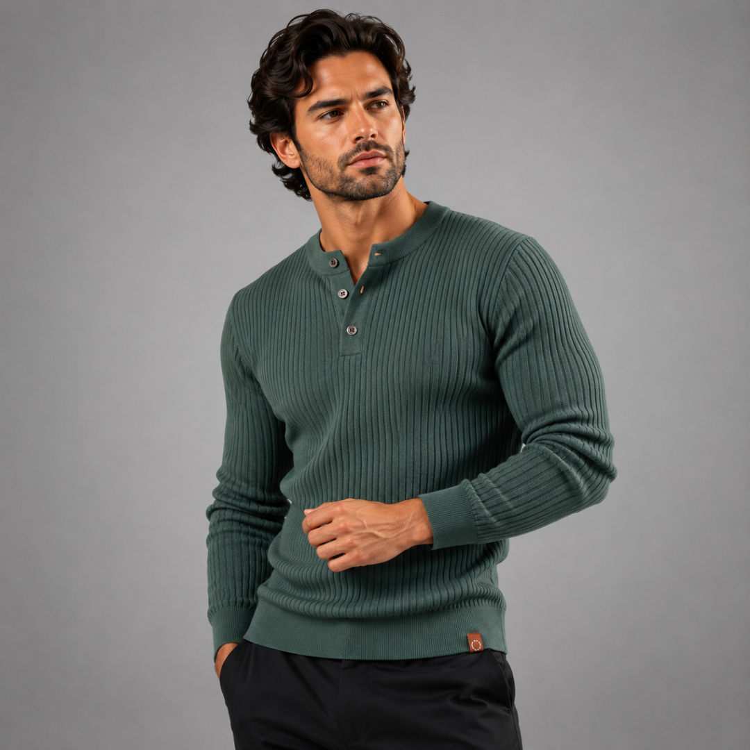 Men's Ribbed Henley Jumper with Button Placket - photo 5