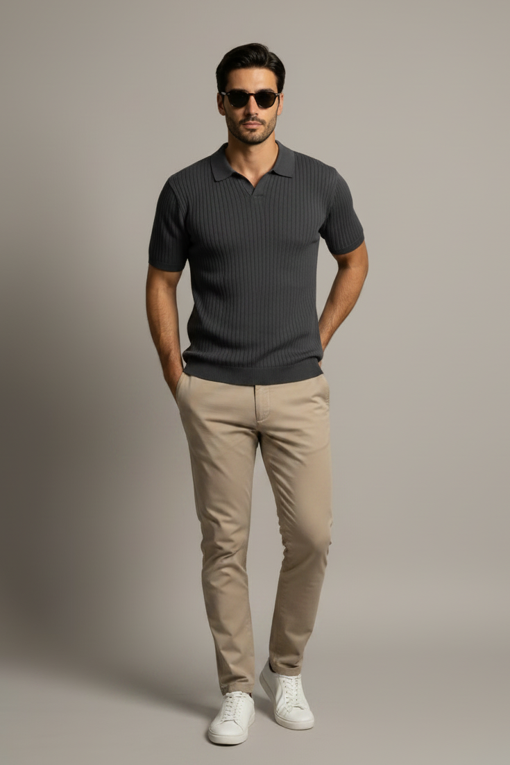 Men's Ribbed Knit Casual Polo Shirt - photo 11