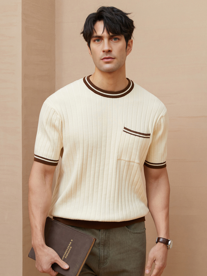 Men's Ribbed Knit Short-sleeve Polo Tee with Striped Trim - photo 1
