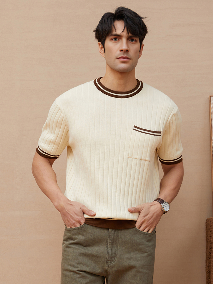 Men's Ribbed Knit Short-sleeve Polo Tee with Striped Trim - photo 2
