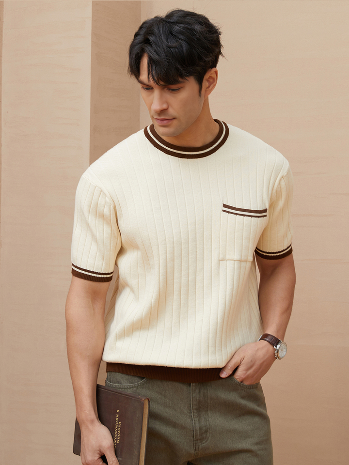 Men's Ribbed Knit Short-sleeve Polo Tee with Striped Trim - photo 3