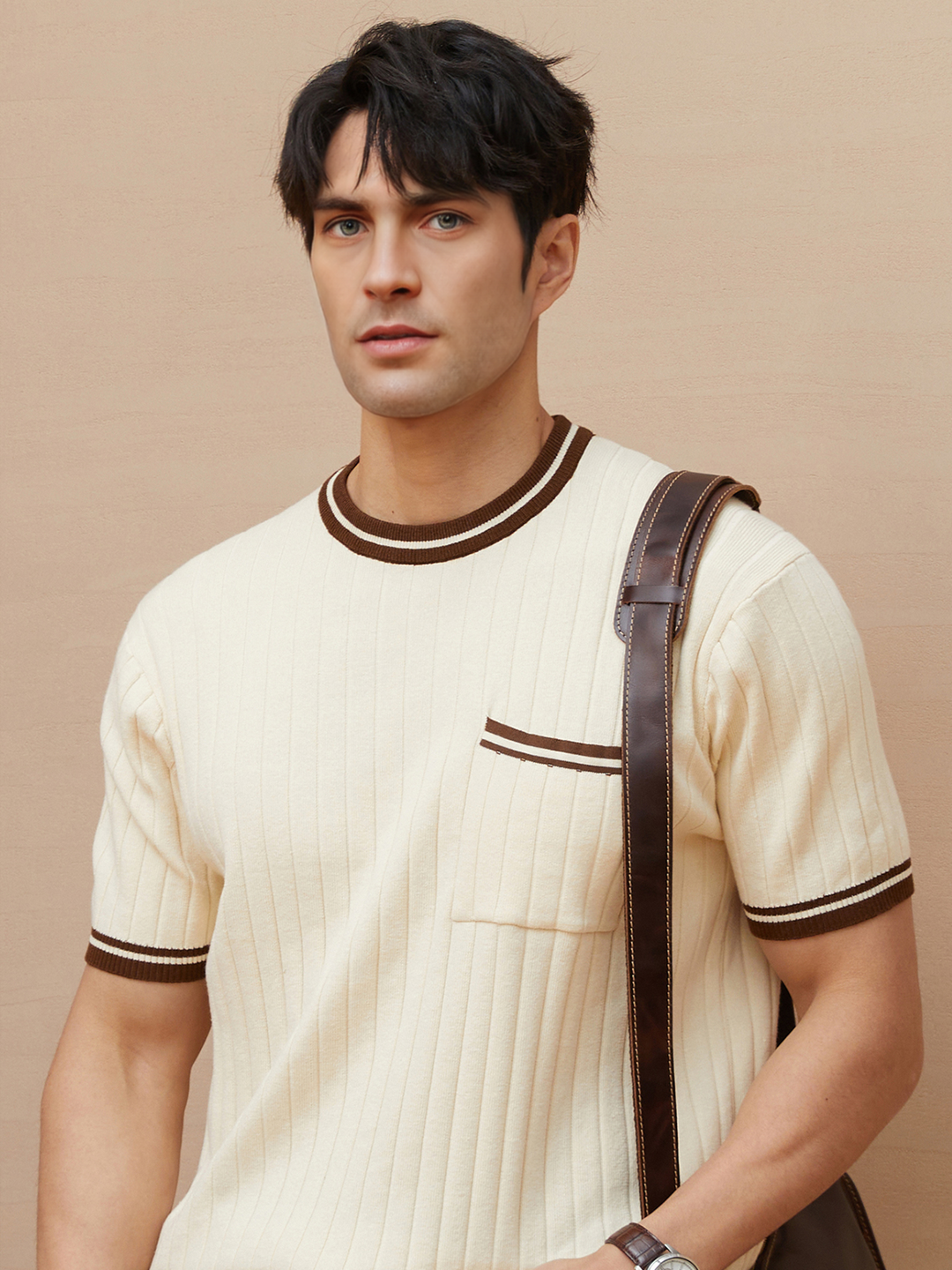 Men's Ribbed Knit Short-sleeve Polo Tee with Striped Trim - photo 4
