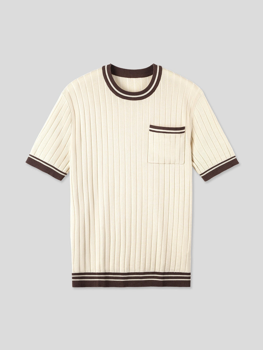 Men's Ribbed Knit Short-sleeve Polo Tee with Striped Trim - photo 6