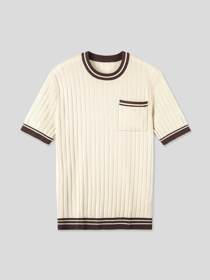 Men's Ribbed Knit Short-sleeve Polo Tee with Striped Trim - photo 6
