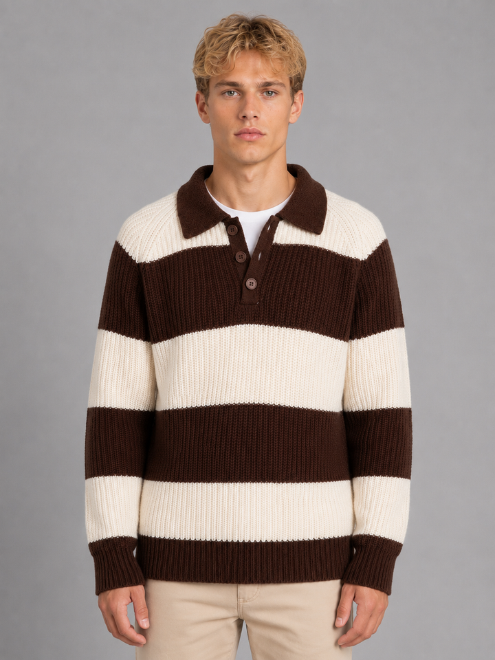 Men's Striped Ribbed Polo Shirt with Button Front - photo 1