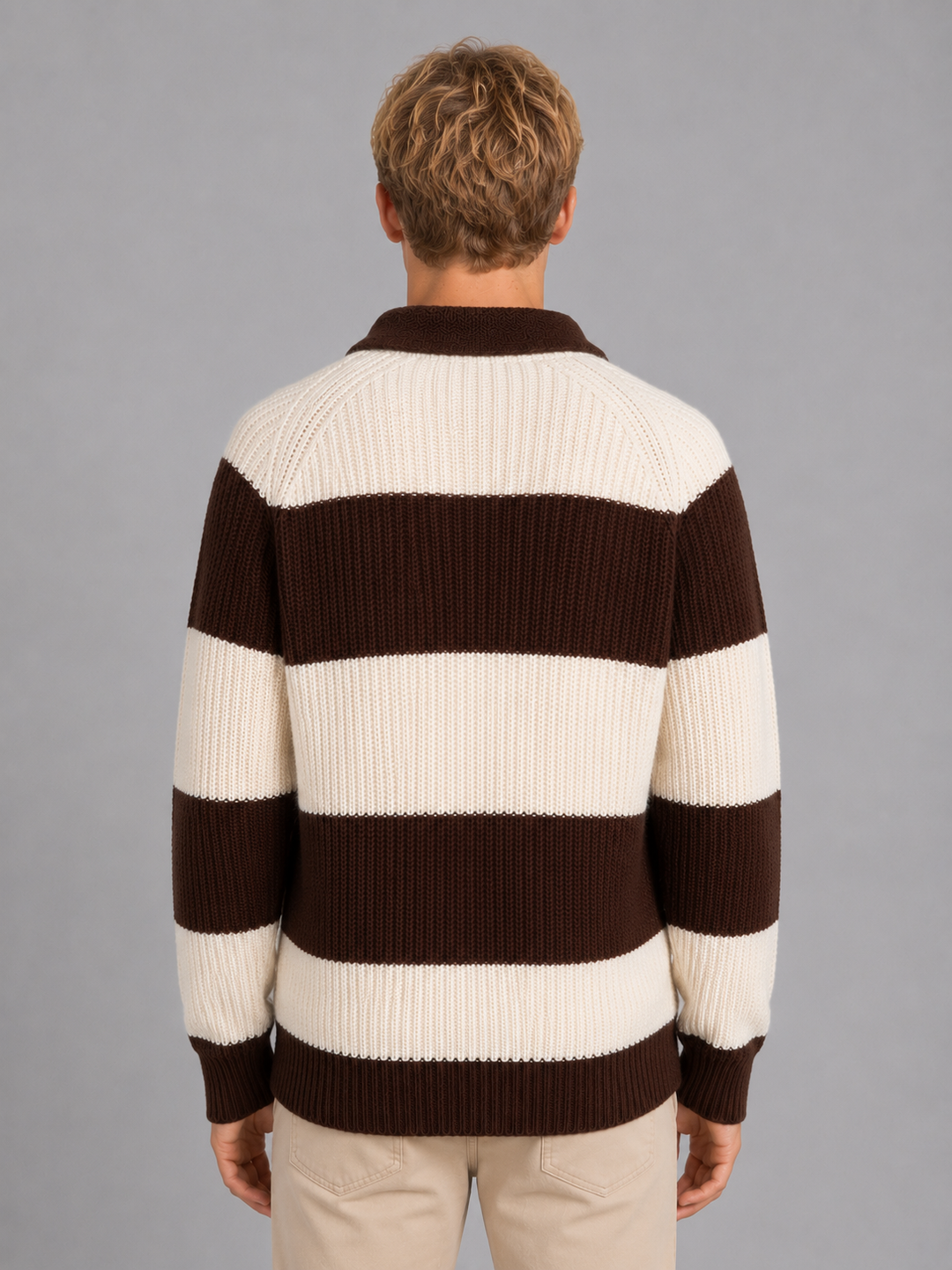 Men's Striped Ribbed Polo Shirt with Button Front - photo 2