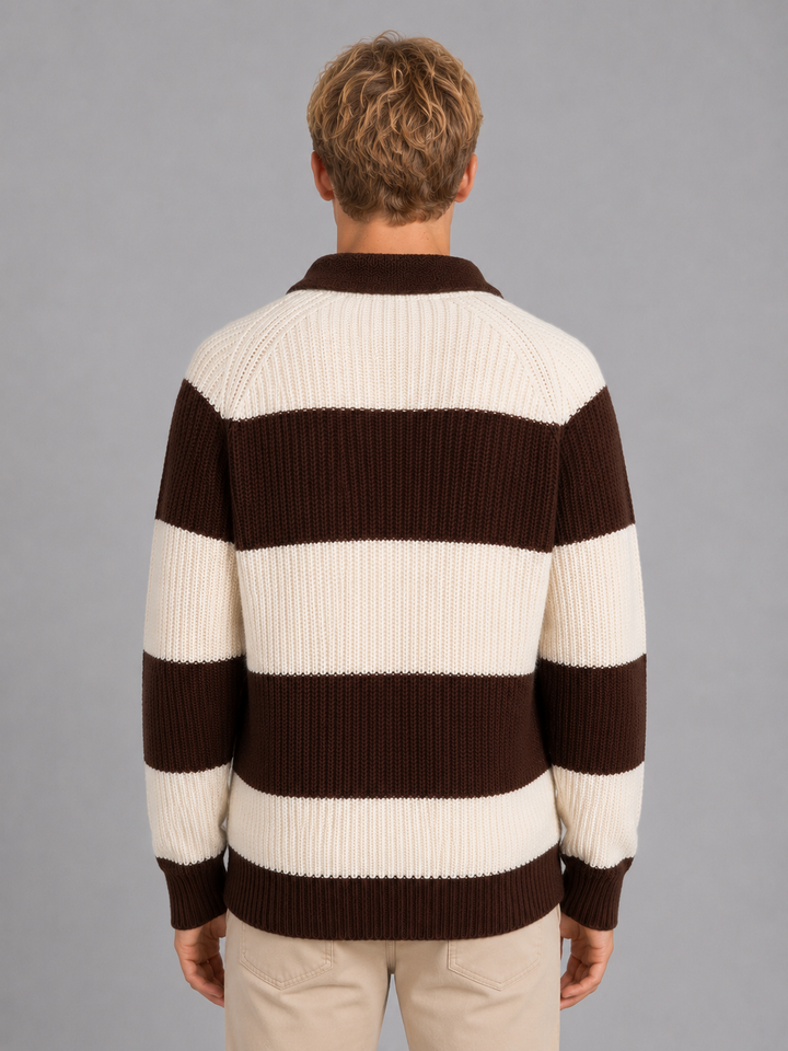 Men's Striped Ribbed Polo Shirt with Button Front - photo 2