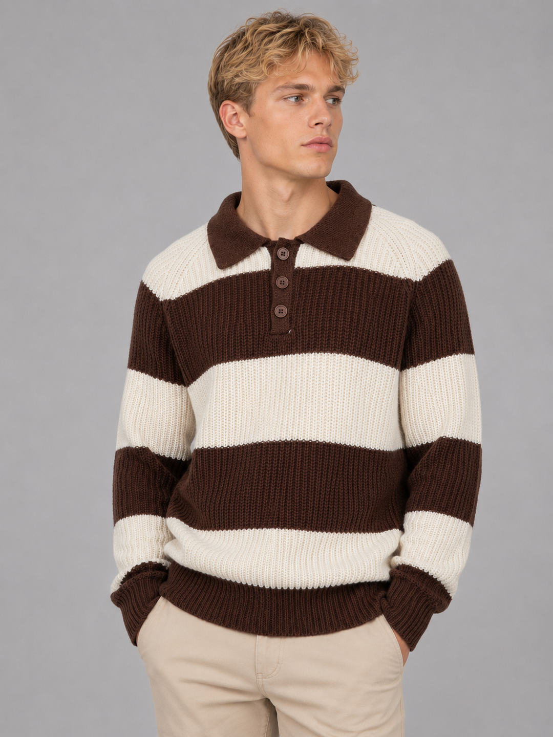Men's Striped Ribbed Polo Shirt with Button Front - photo 3