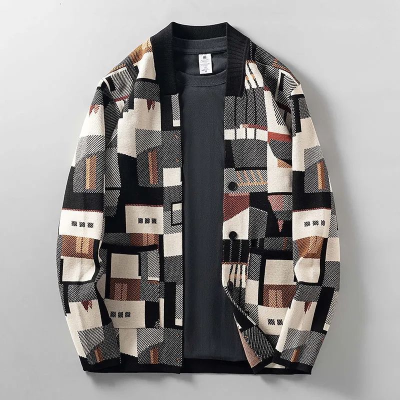 Men's Abstract Print Knitted Cardigan with Open Front - photo 3