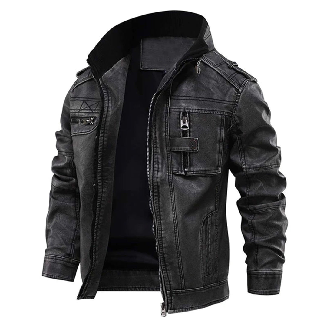 Men's Zip-Front Biker Jacket with Stand Collar and Pockets - photo 2